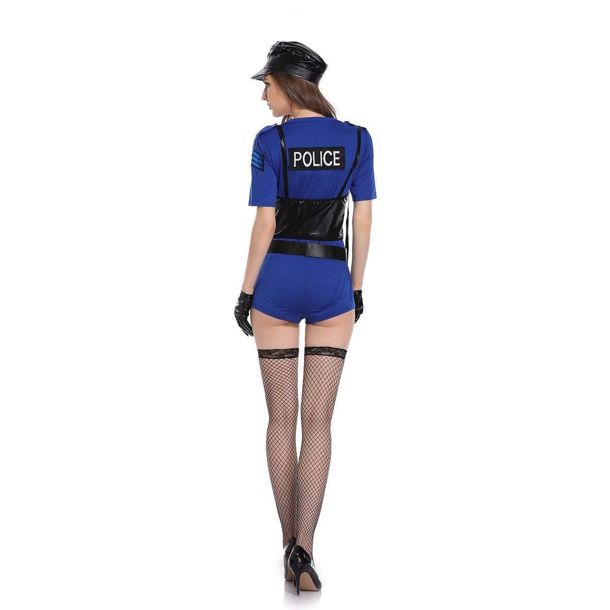 Policewoman Cosplay Costumes Halloween Police Officer Jumpsuit Uniform with Hat - Pajamasbuy