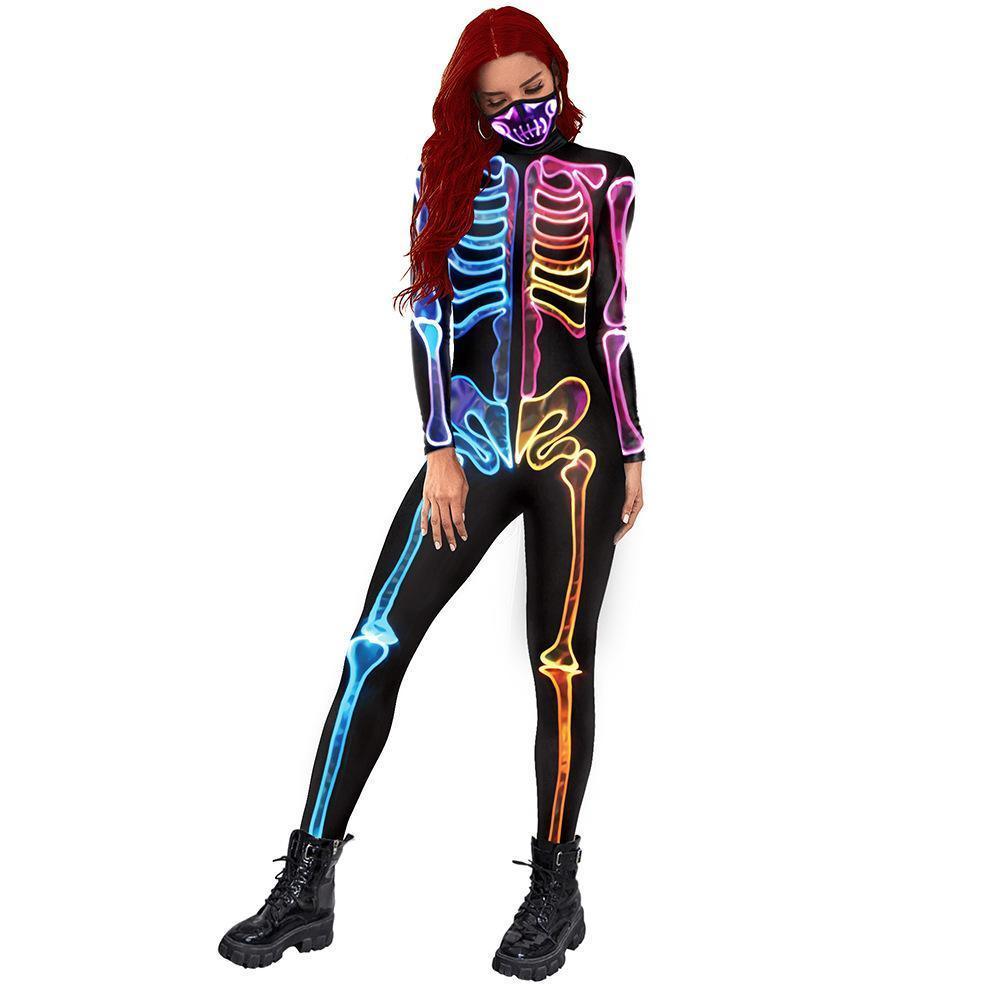 Women Halloween Jumpsuit Skull Cosplay Costume Funny Skeleton Halloween Bodysuit Skinny Catsuit - Pajamasbuy