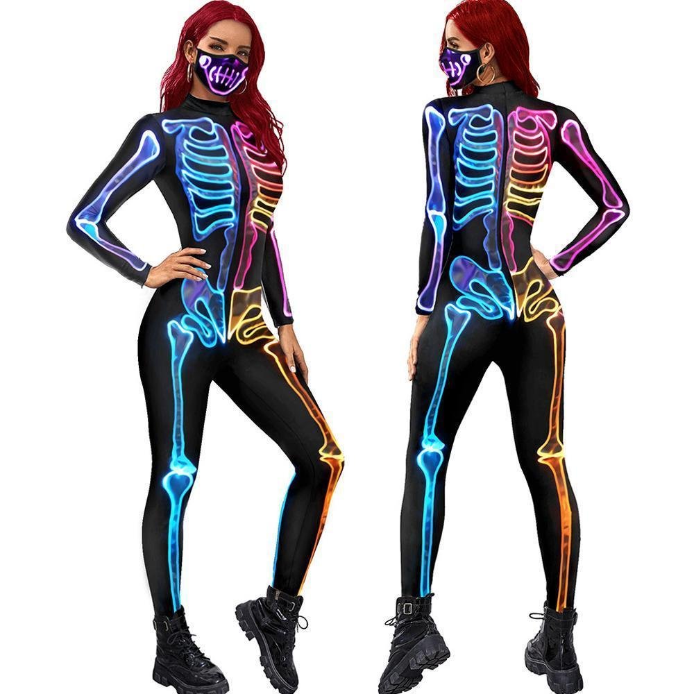 BuyWomen Halloween Jumpsuit Skull Cosplay Costume Funny Skeleton Halloween Bodysuit Skinny Catsuit Now Cheaper With 3 - 5 Days Ship - PajamasBuy