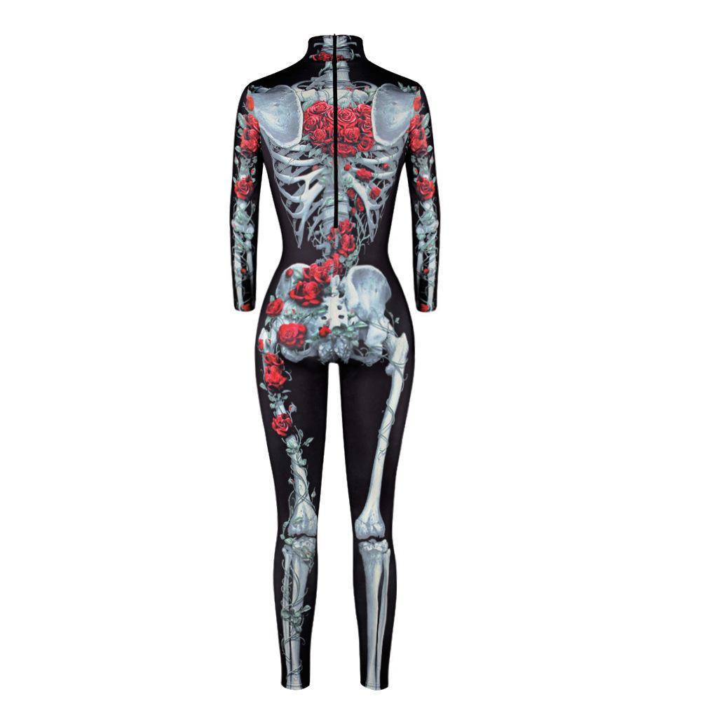 BuyWomen Printed Rose Skull Skeleton Catsuit Halloween Costume Now Cheaper With 3 - 5 Days Ship - PajamasBuy