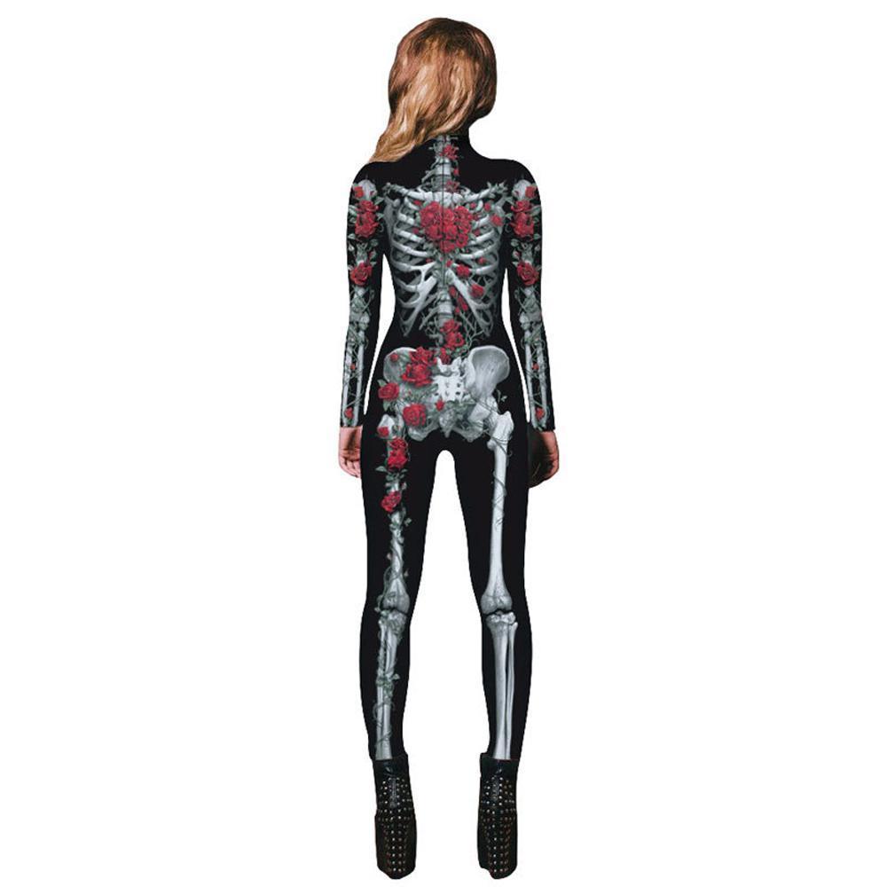 BuyWomen Printed Rose Skull Skeleton Catsuit Halloween Costume Now Cheaper With 3 - 5 Days Ship - PajamasBuy