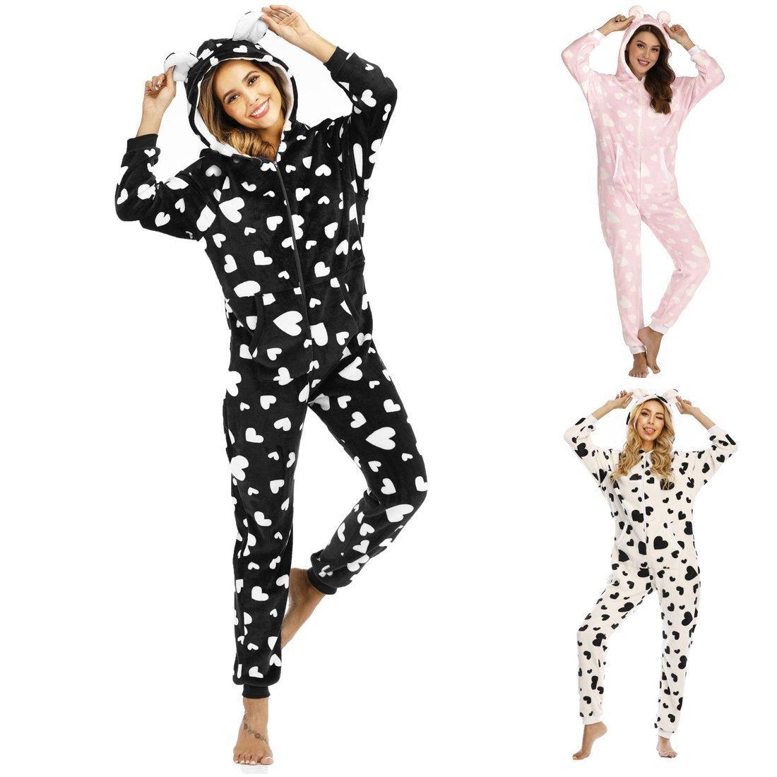 Women's Heart Zipper Onesie Pajamas One - Piece Hooded Jumpsuit Union Suit Adult - Pajamasbuy