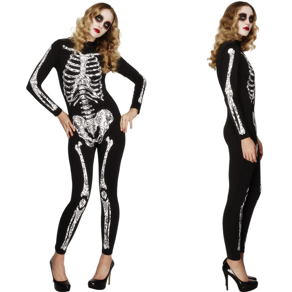 Women's Spandex Printed Skull Skeleton Catsuit Halloween Costume - Pajamasbuy